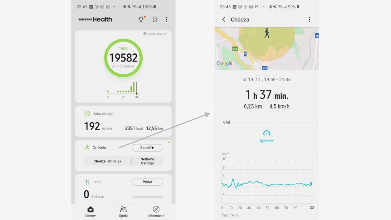 Samsung Health app - rozpoznanie rýchlej chôdze (turistiky)
