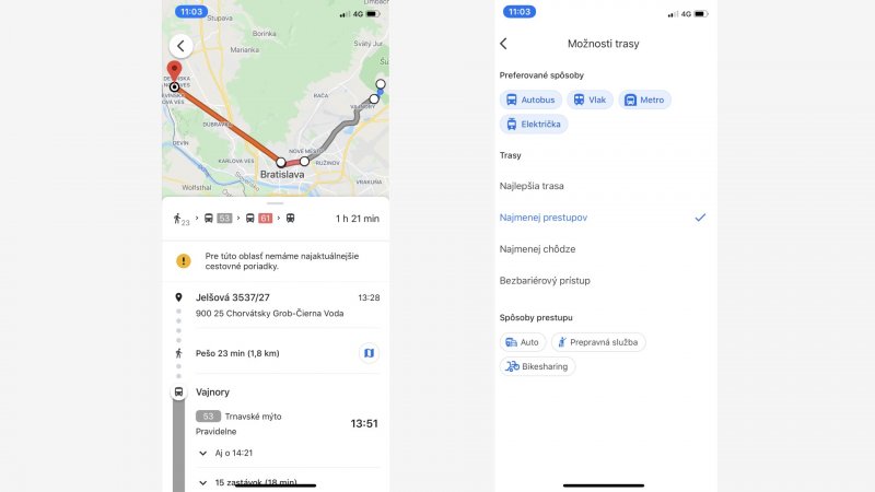 Google Maps - výpočet trasy MHD