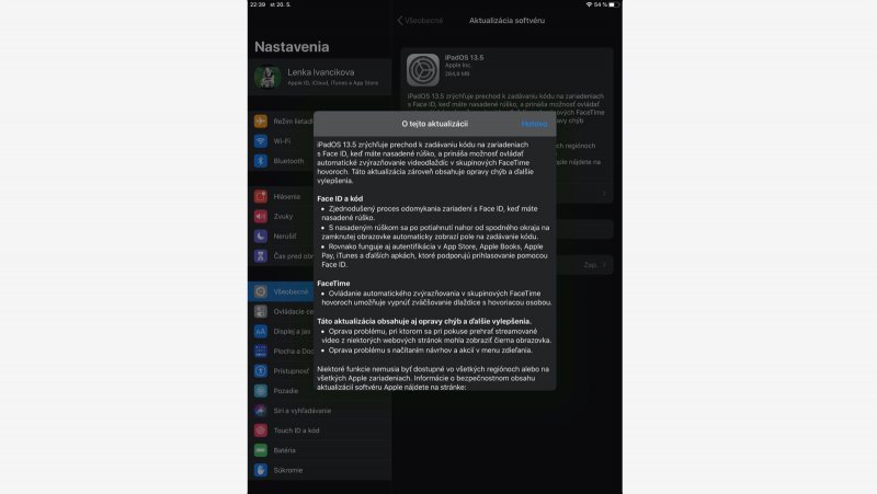 Aktualizácia iOS 13.5 na iPade Pro
