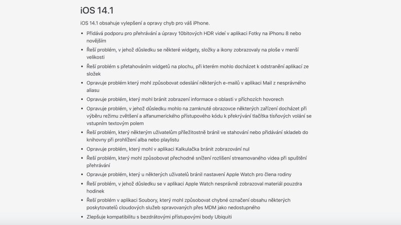 Zoznam zmien v iOS 14.1