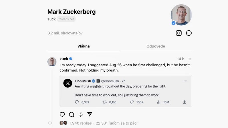 Zuckerberg navrhol na zápas s Muskom v klietke 26. august
